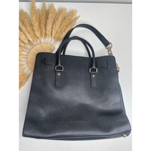 Michael Kors Hamilton Black Leather Satchel Shoulder Bag Tote Bag Gold Chain - Picture 8 of 13